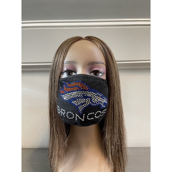 Denver Broncos Bling Rhinestone Face Mask Front Logo Clear Letters - Picture 1 of 10